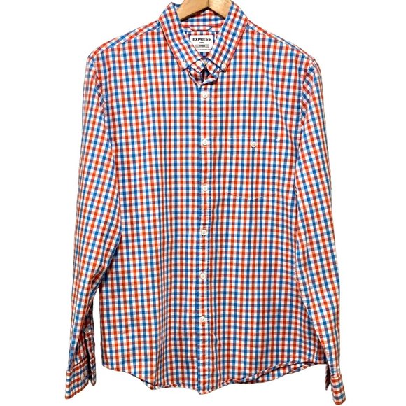 Express Other - Express Fitted Shirt Medium Red Blue Plaid Long Sleeve Button Up Cotton